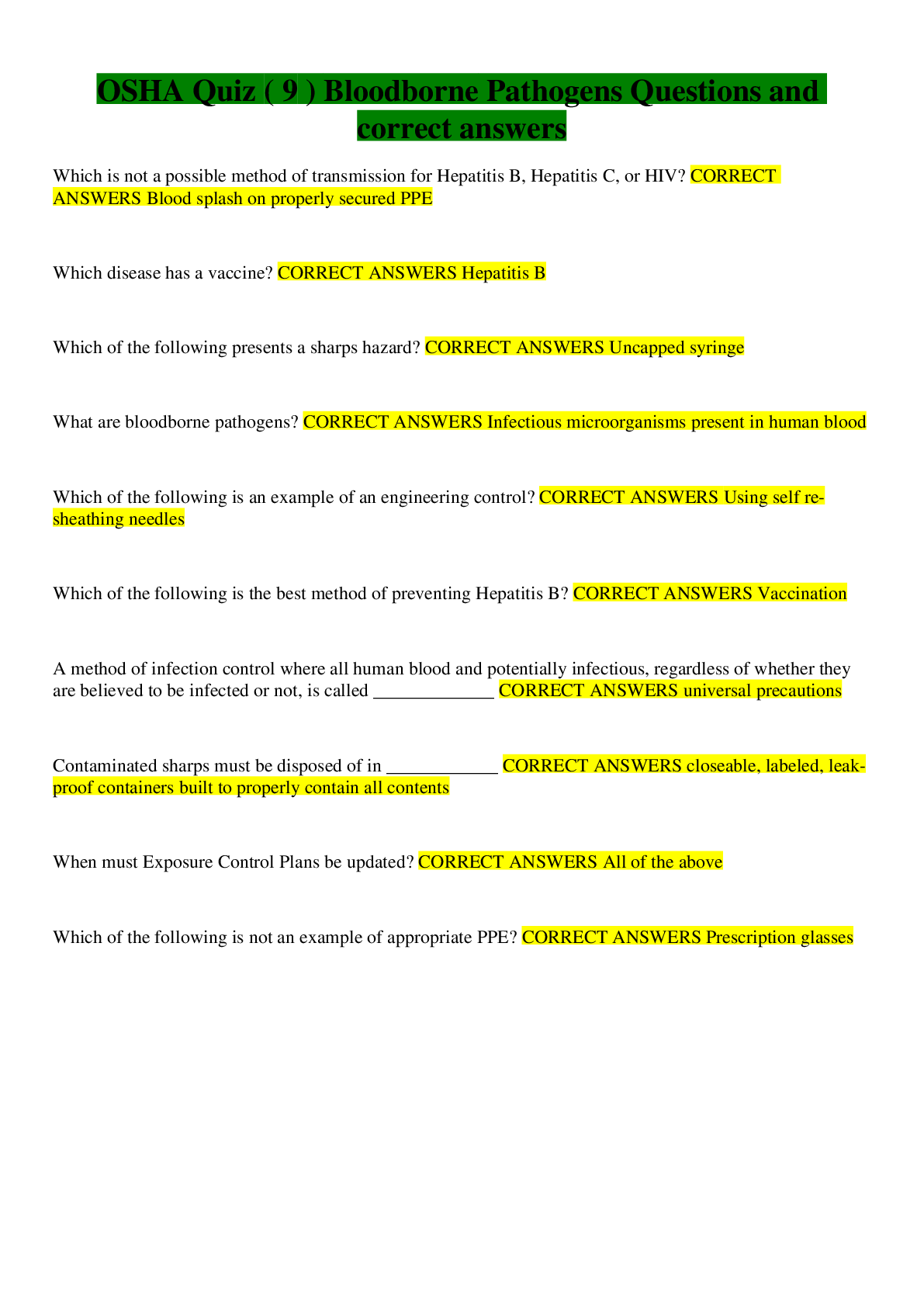 Preview image for OSHA Quiz ( 9 ) Bloodborne Pathogens Questions and correct answers